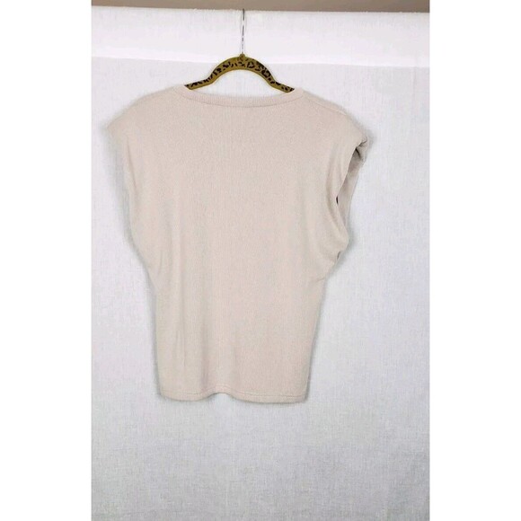 MODERN CITIZEN Blouse Top Large Cap Shoulder Pad Sleeves Ribbed Beige Minimalist - Picture 2 of 4